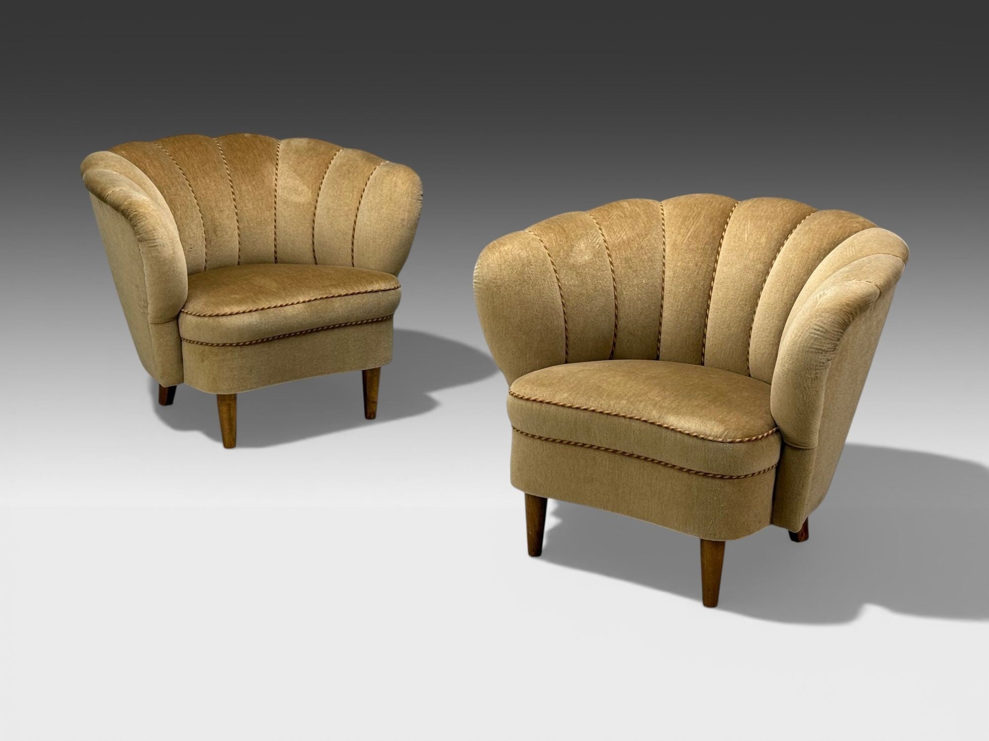 Finnish Modern, Lounge Chairs, Beige Velvet, Wood, Finland, 1950s