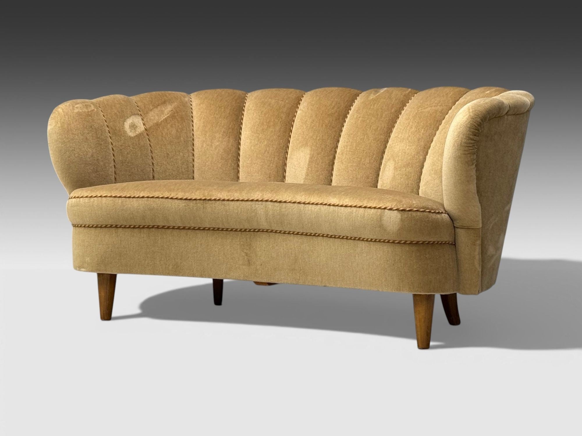 Finnish Modern, Settee, Beige Velvet, Wood, Finland, 1950s