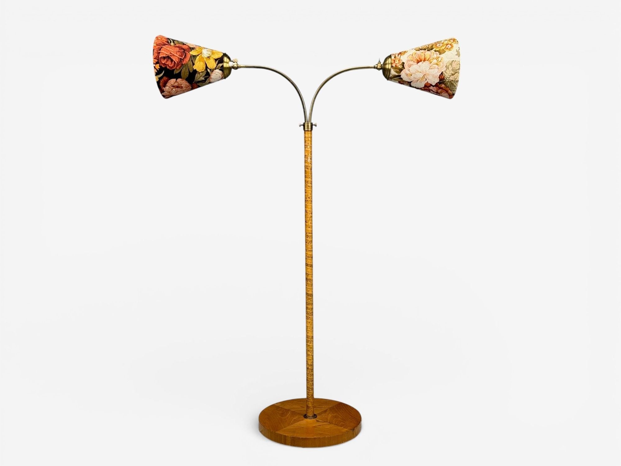 Corona Belysning, Floor Lamp, Wood, Brass, Fabric, Sweden, 1940s