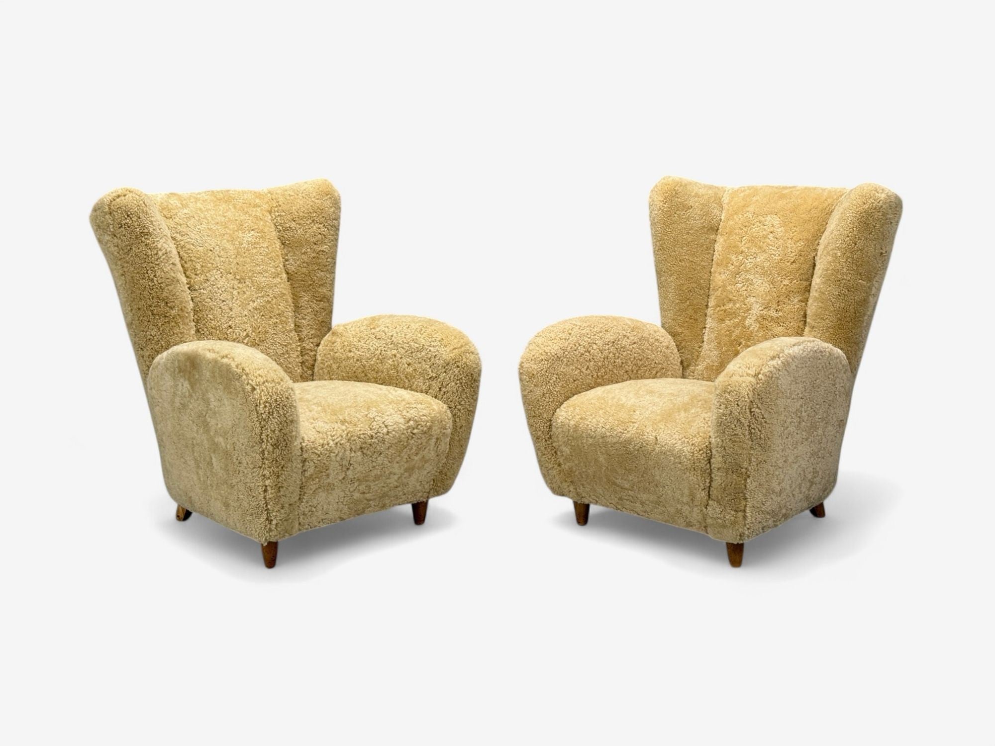 Meroni & Fossati, Beige Shearling, Stained Wood, Lounge Chairs, Italy, 1950s