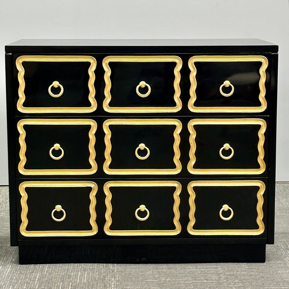 Dorothy Draper Style, Hollywood Regency, Commodes, Black Lacquer, Gilt, Brass