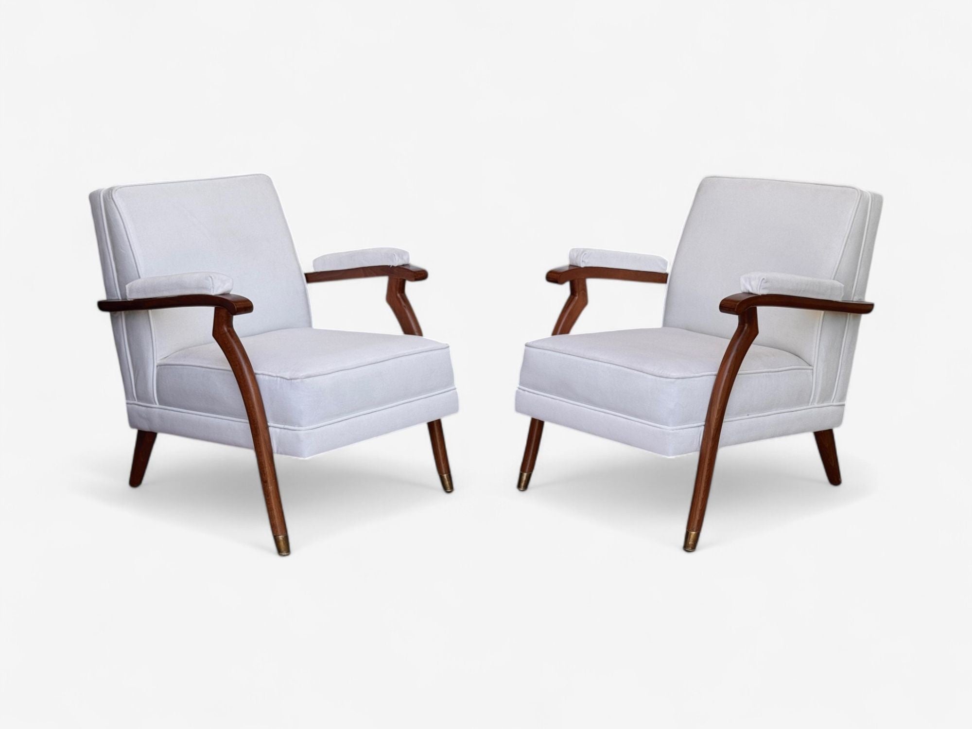 Maison Leleu Style, French Modern, White Mohair, Wood, Lounge Chairs, 1970s