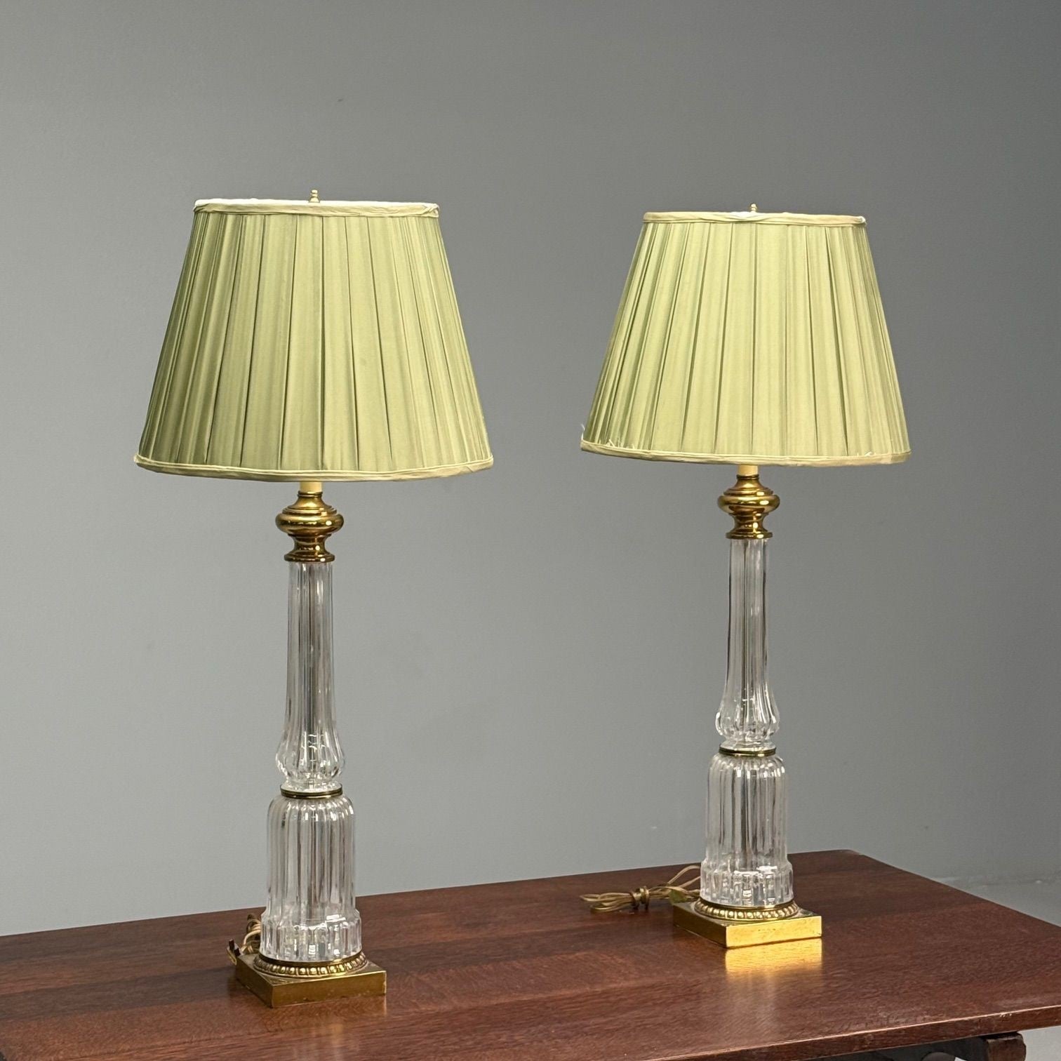 Hollywood Regency Style, Table Lamps, Fluted Crystal, Gilt Metal, USA, 1980s