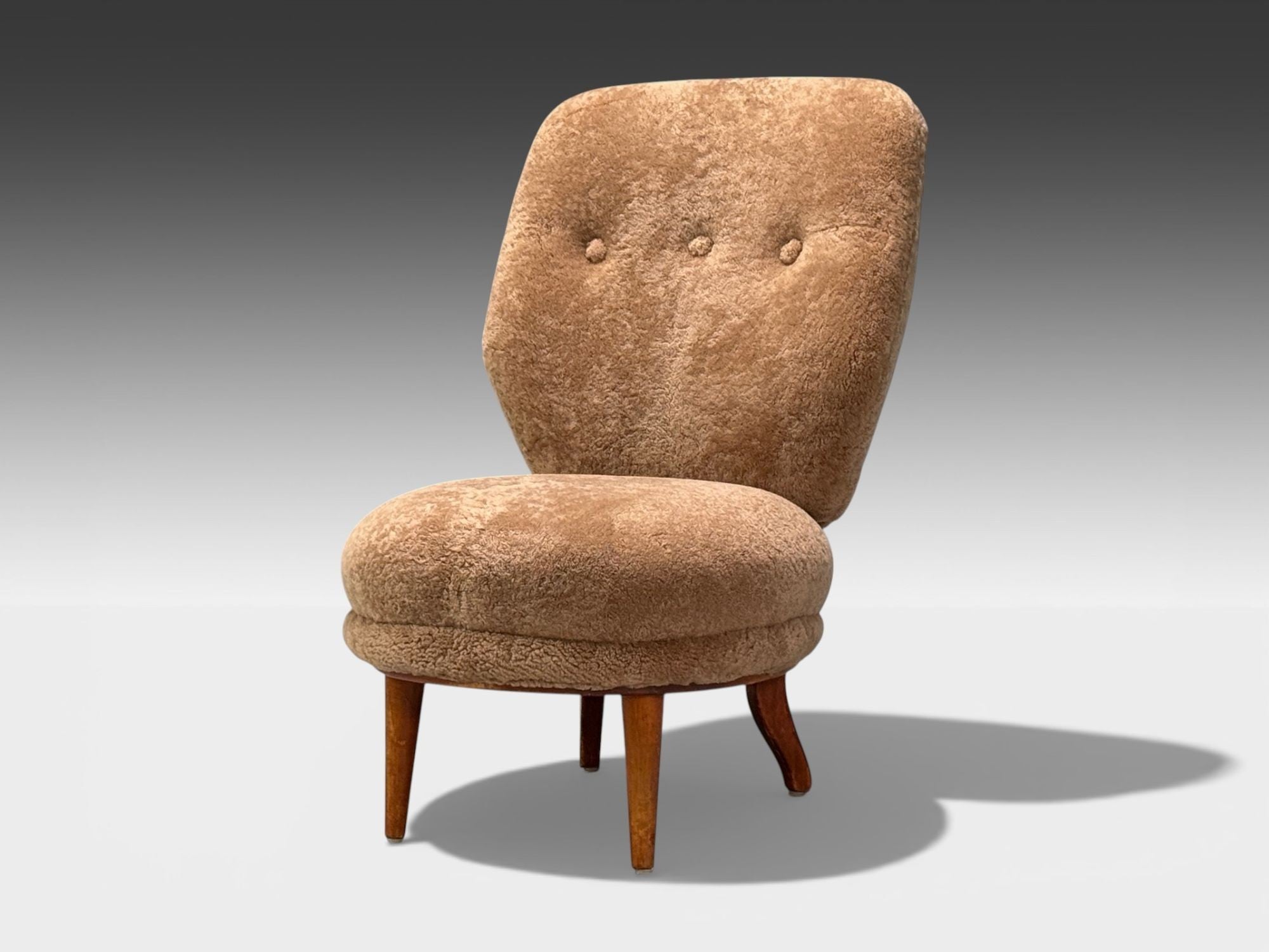 Swedish Modern, Slipper Chair, Brown Sheepskin, Birch, Sweden, 1950s