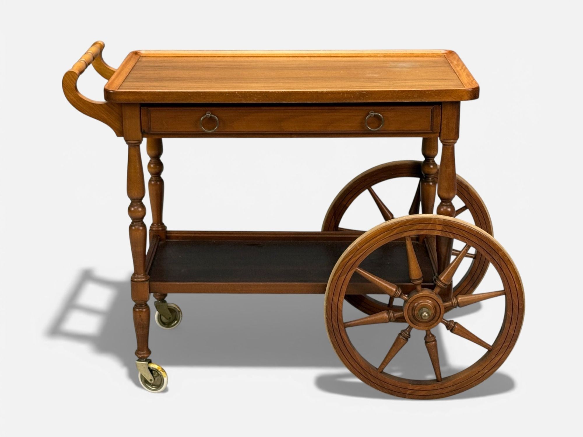 Swedish Modern, Rolling Bar Cart, Wood, Brass, Sweden, 1970s