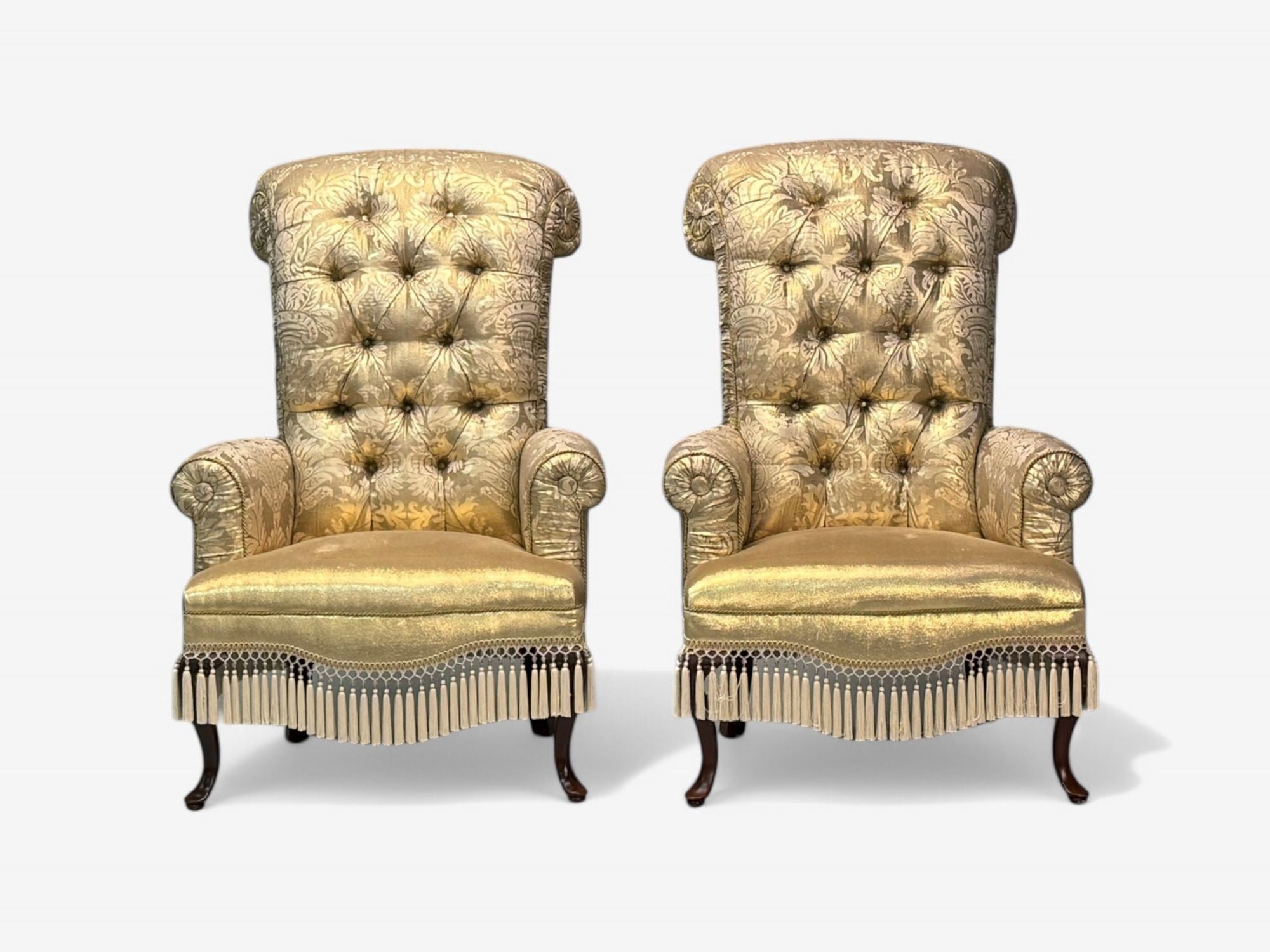 Victorian Style, Large Armchairs, Silk Fabric, Stained Wood, USA, 20th C.