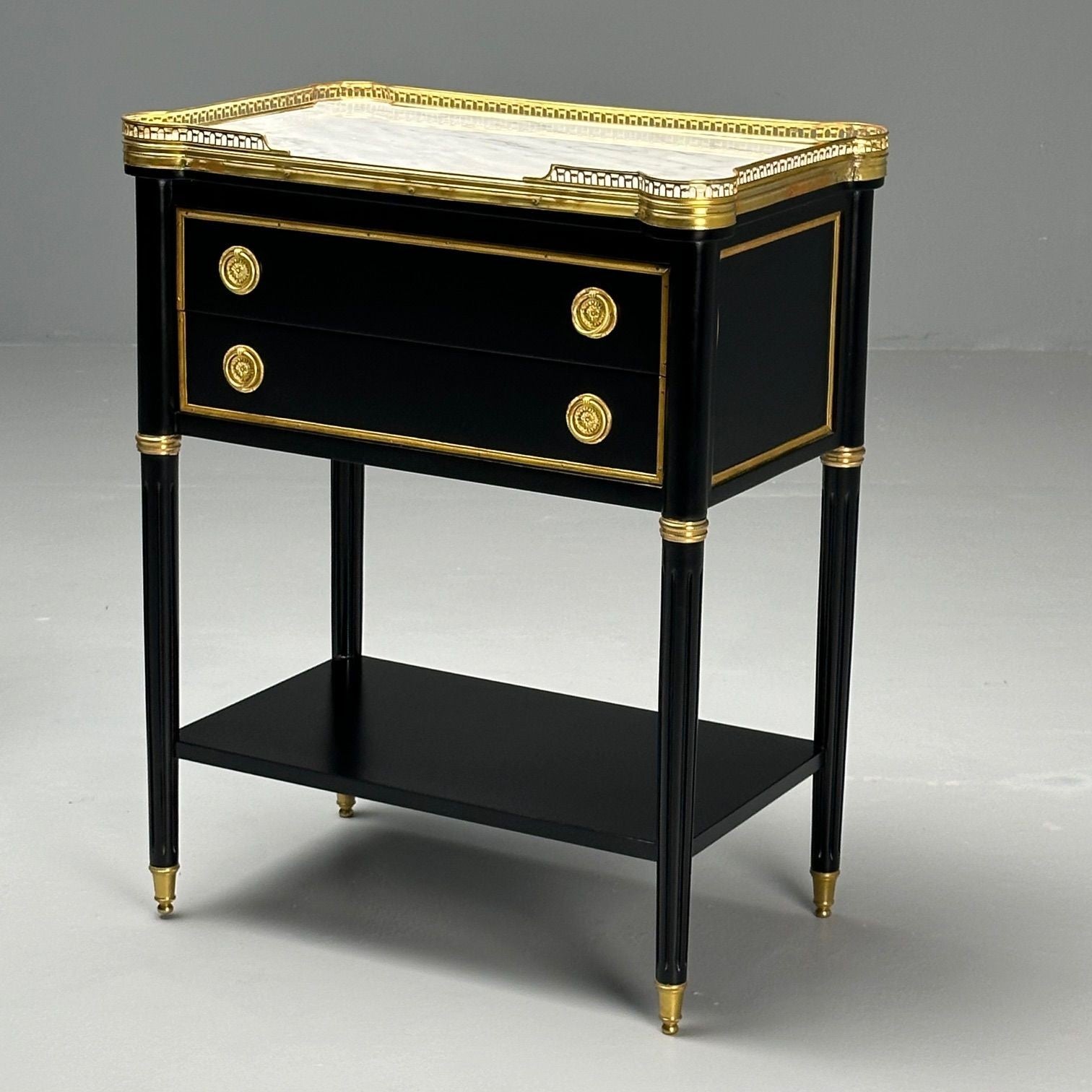 Maison Jansen Style, Hollywood Regency, Brass, Marble, Ebonized Nightstands