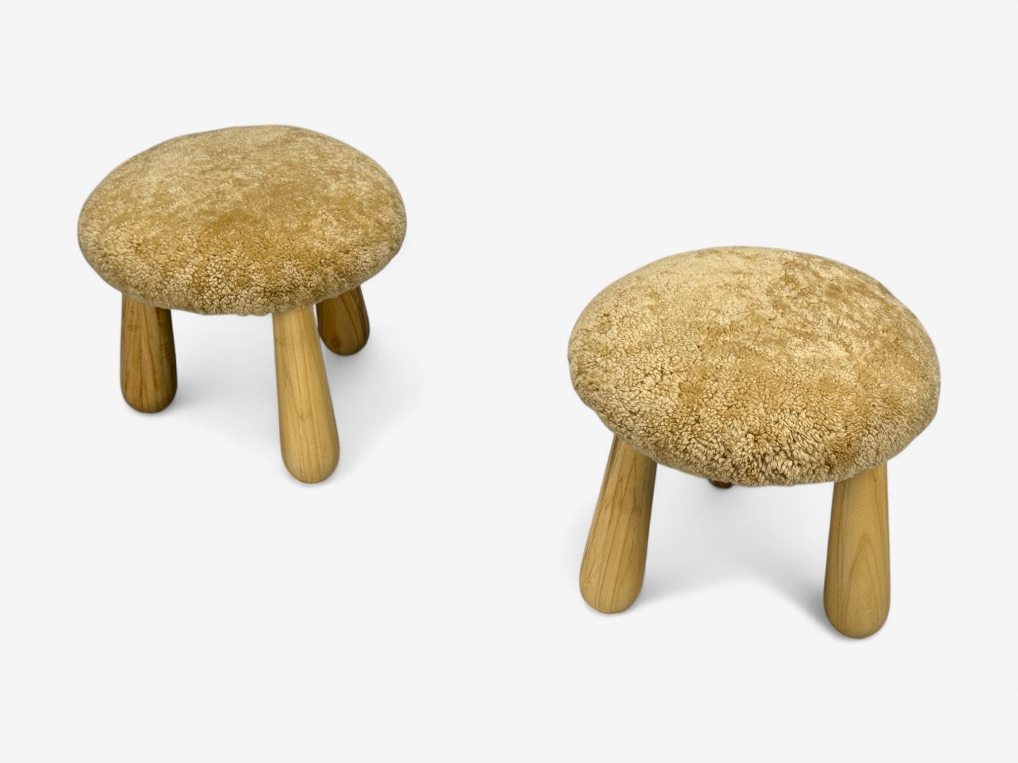 Danish Modern Style, Honey Sheepskin, Maple, Shearling Footstools, 21st C.