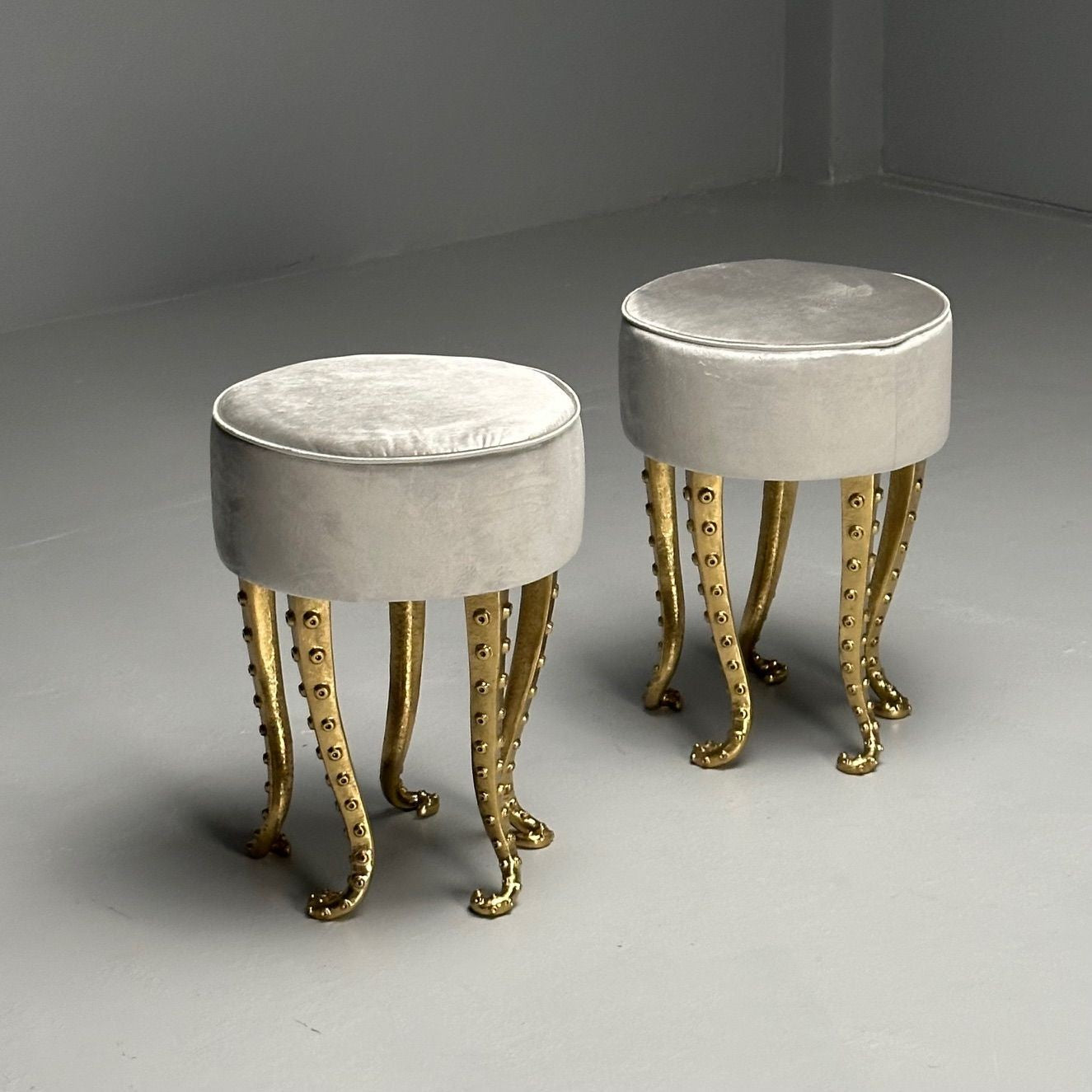 Modern Octopus Stools, Cast Gilt Bronze, Grey Velvet