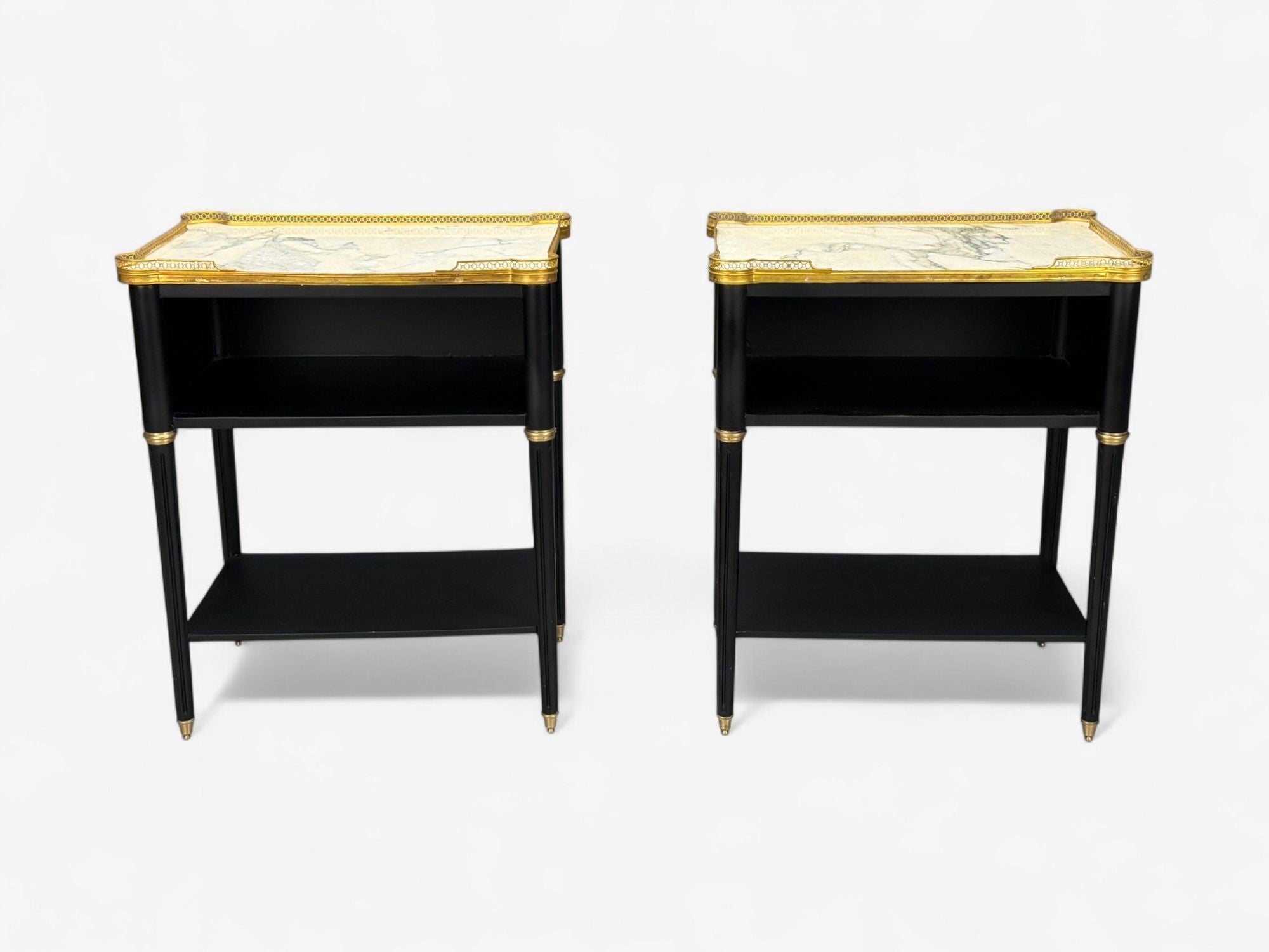 Maison Jansen Style, Hollywood Regency, Brass, Marble, Ebonized Open Nightstands
