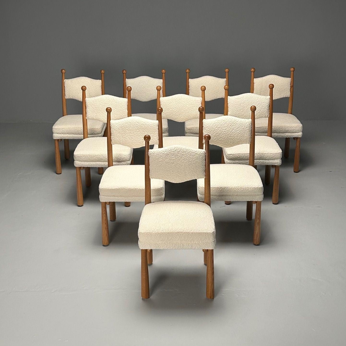 French Mid-Century Modern Style, Oak, White Boucle, Ten Dining Chairs, 21st C.