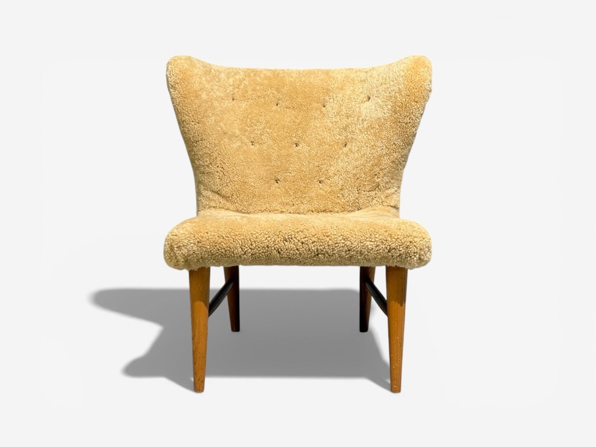 Erik Bertil Karlén, Rare Easy Chair, Beech, Shearling, Sweden, 1940s