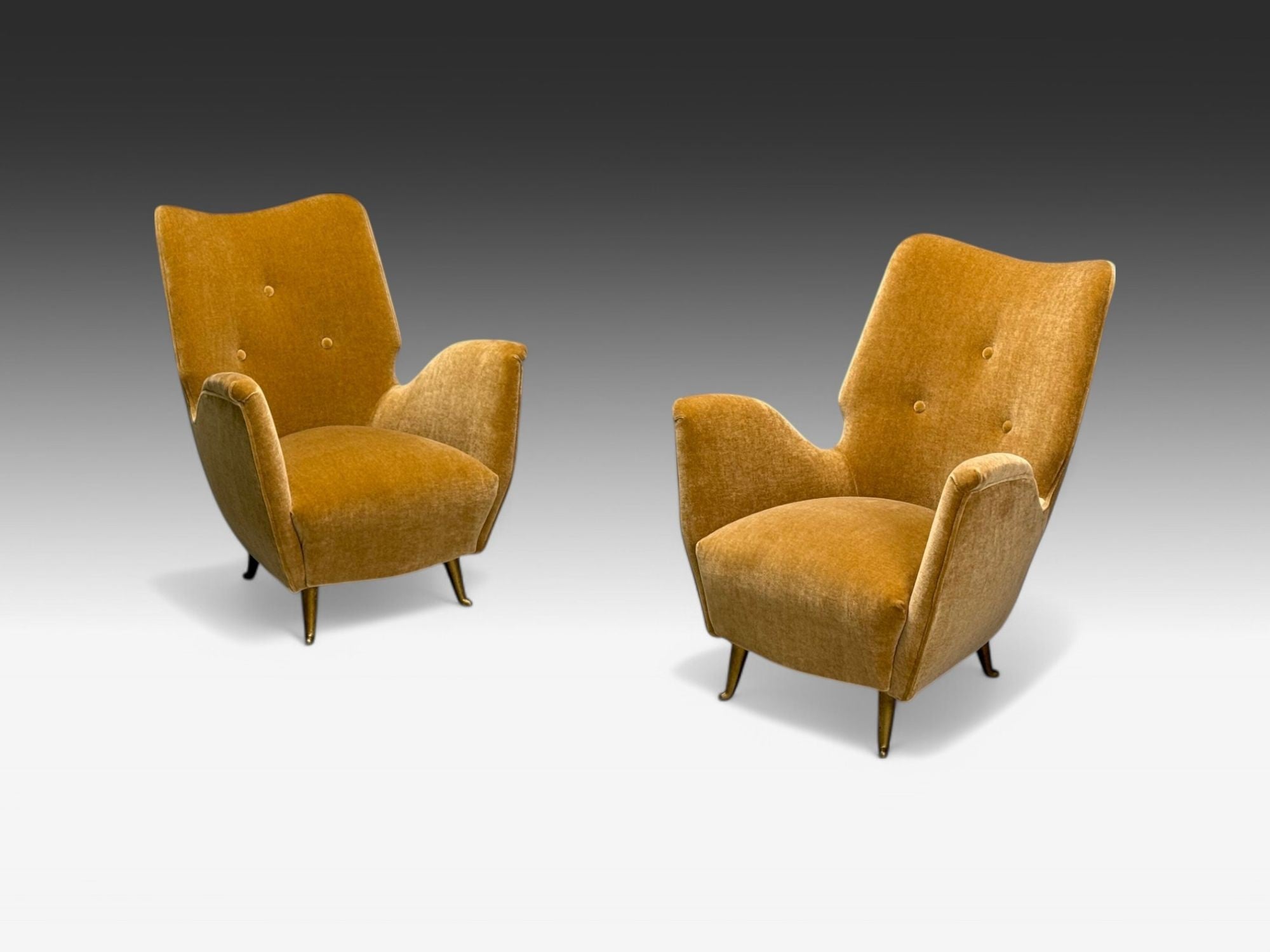 ISA Bergamo, Italian Mid-Century, Bronze, Camel Mohair, Lounge Chairs, 1950s