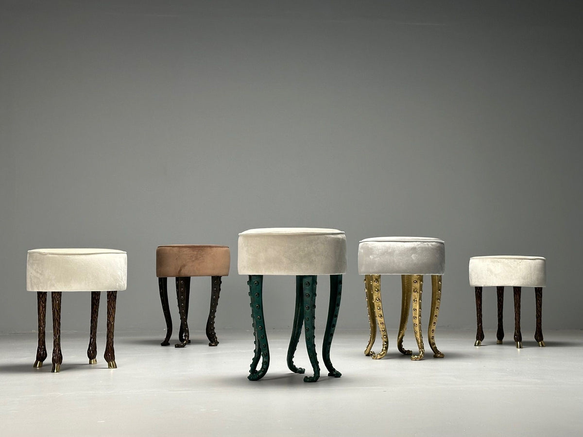 Modern, Octopus Footstools, Green Patinated Bronze, Grey Velvet