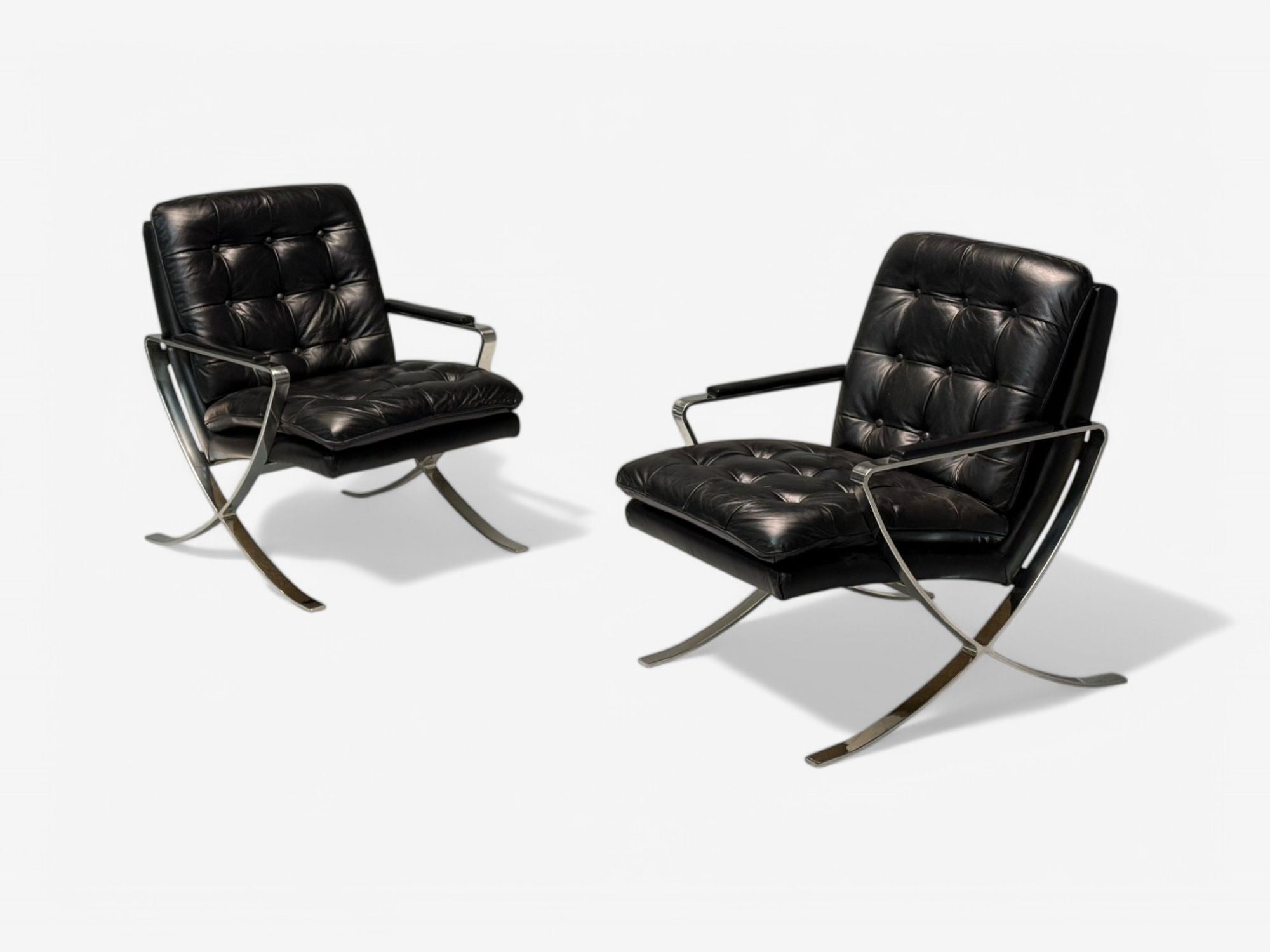 American Mid-Century Modern, Black Leather, Chrome, Lounge Chairs, USA, 1980s