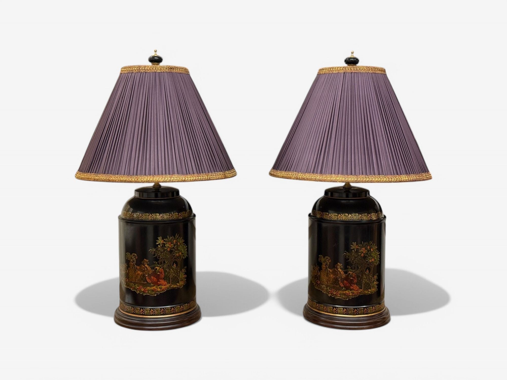 Chinese Export, Chinoiserie, Black Metal, Canister Lamps, Silk Shades, 1960s