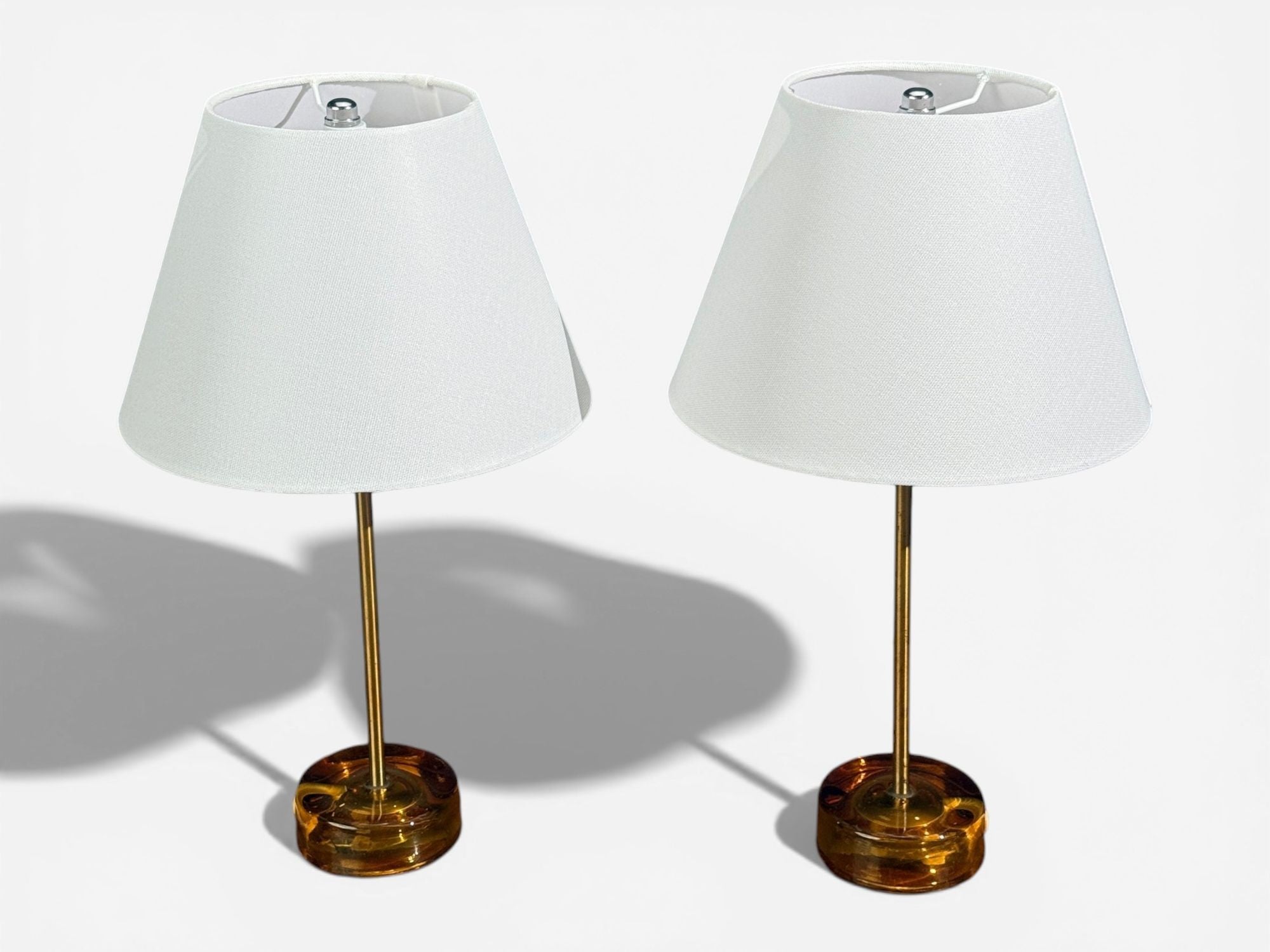 Nybro Armaturfabrik, Table Lamps, Amber Glass, Brass, Sweden, 1970s