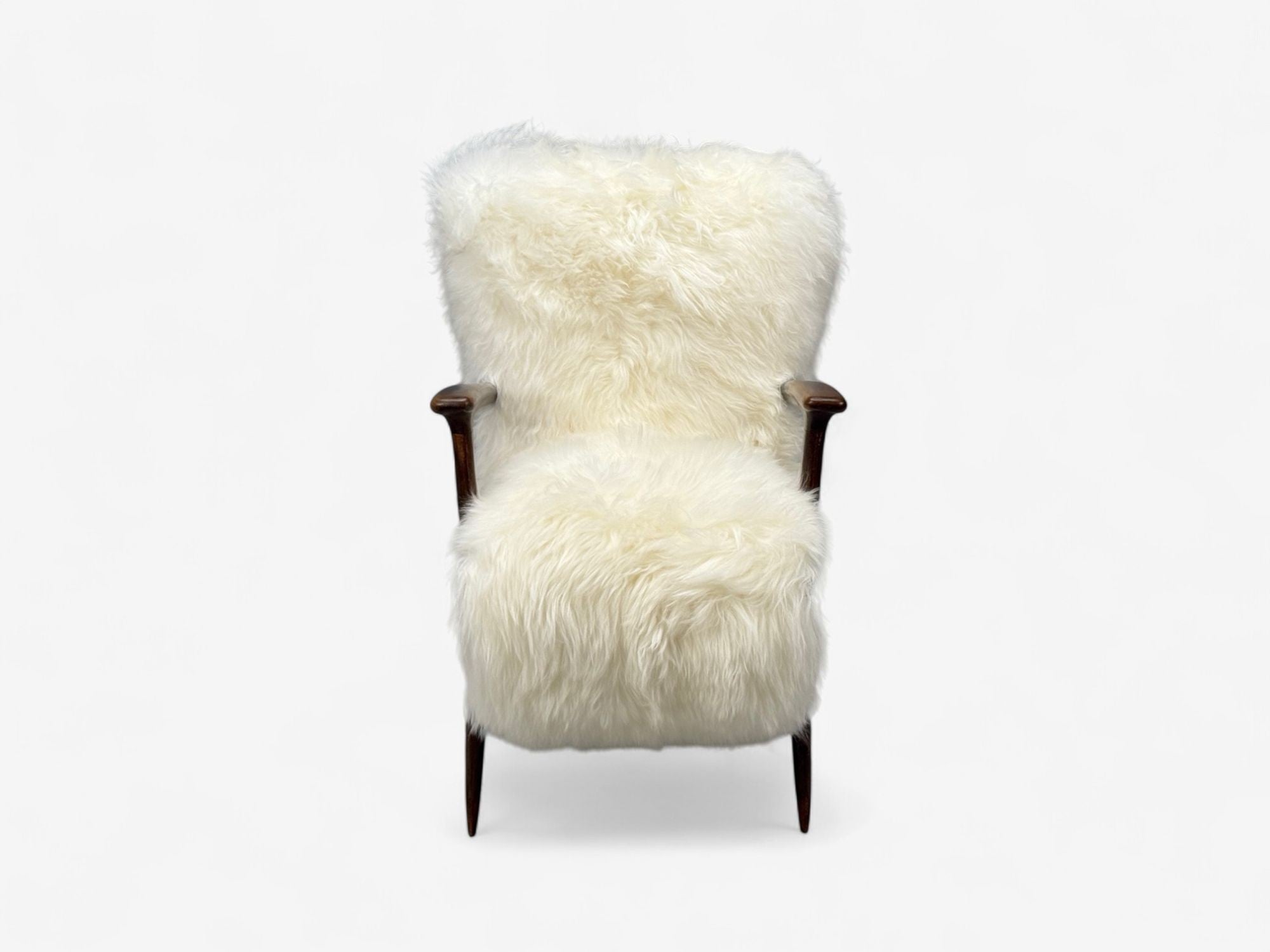Italian Modern, Wood, White Shearling, Lounge Chair, 1950s