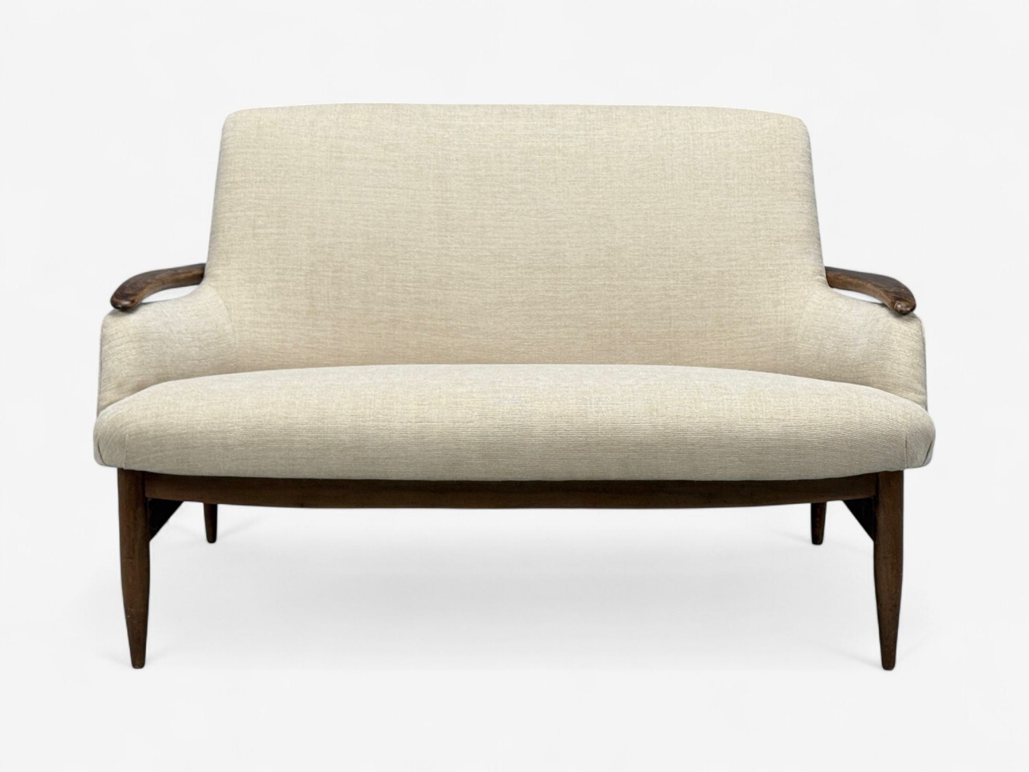Finn Juhl Style, Danish Modern, Wood, Beige Fabric, Sofa, Denmark, 1950s