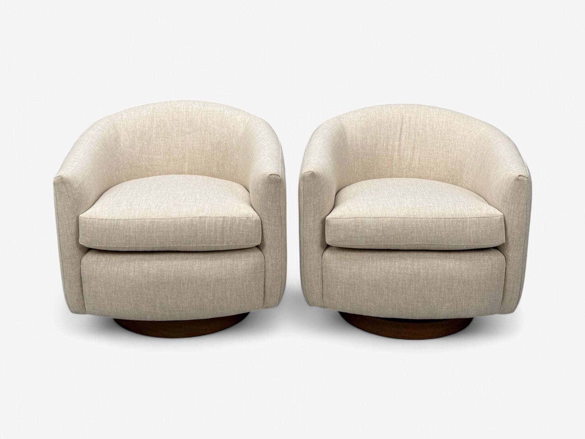 Milo Baughman, Beige Upholstery, Walnut, Tilt & Swivel Chairs, USA, 1970s