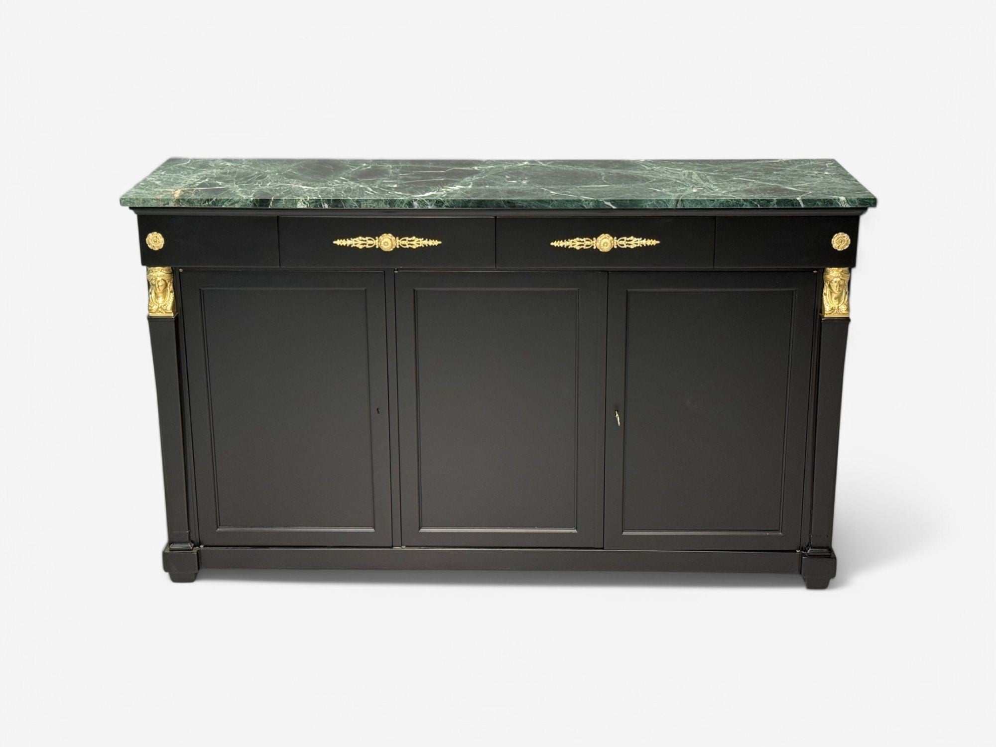 Hollywood Regency, Empire Style, Satin Black Wood, Bronze, Credenza, 1940s