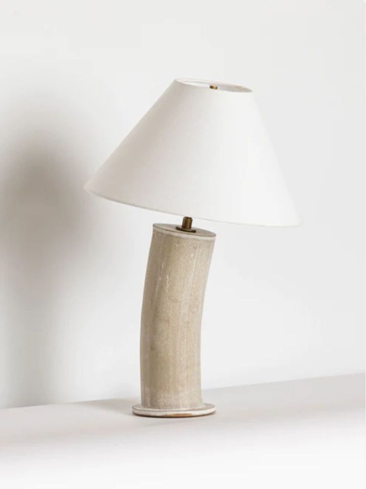 Pair Contemporary Stoneware Beige Glazed Ceramic Table / Desk Lamps, Parchment