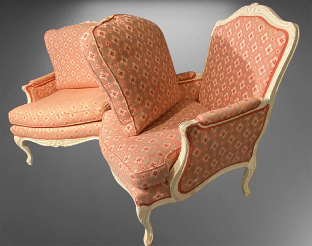 Pair of Louis XVI Painted Bergère or Lounge Chairs, Scalamandre Upholstery