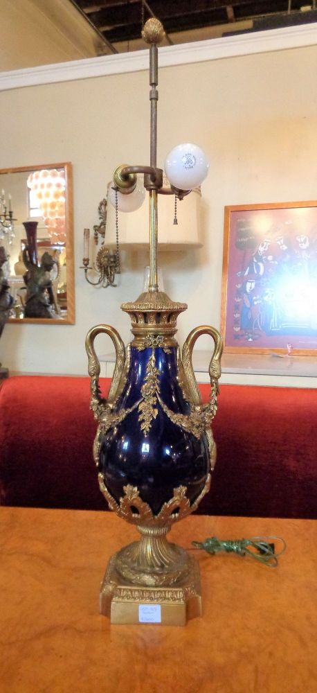 Sevres Style Cobalt Blue Porcelain & Bronze Swan Handle Urn Mounted as a Lamp