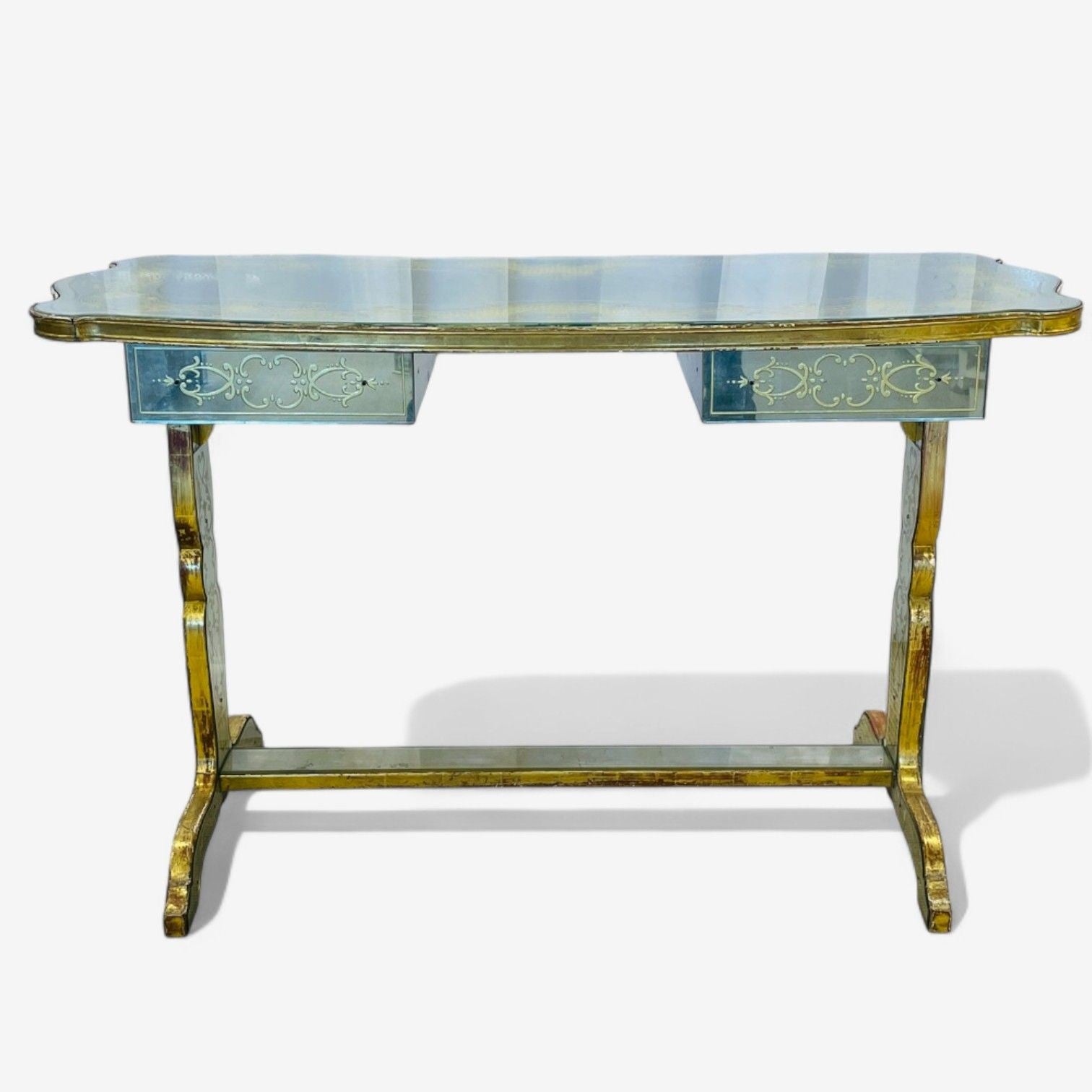 Maison Jansen, Hollywood Regency, Vanity, Eglomise Glass, Silver Leaf, 20th C.