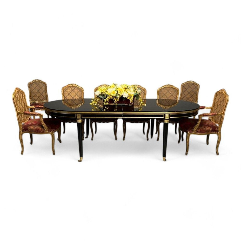 Maison Jansen Style, Hollywood Regency, Dining Table, Black Lacquer, Bronze
