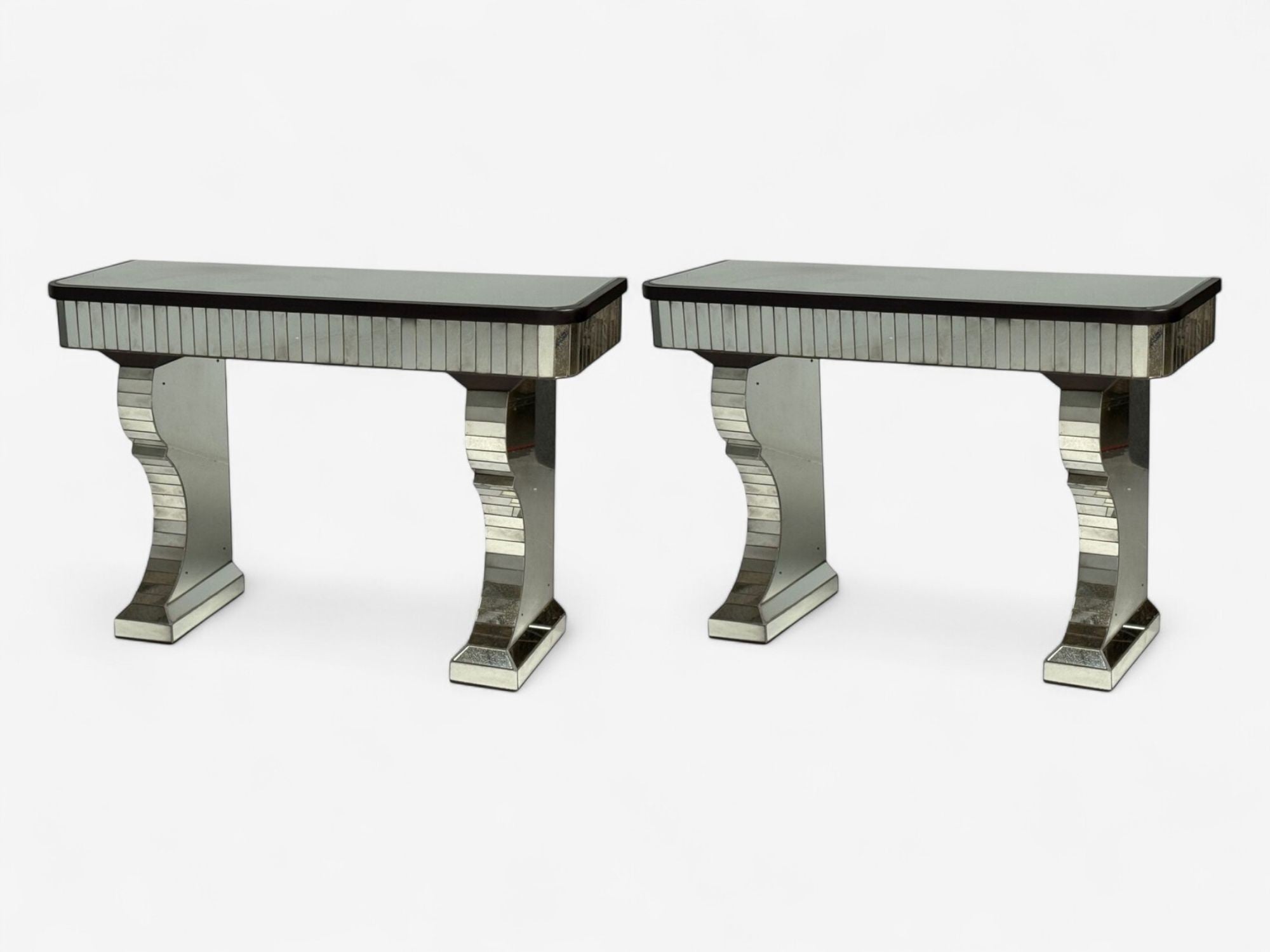 Serge Roche Style, Distressed Glass, Painted Wood, Mirrored Console Tables