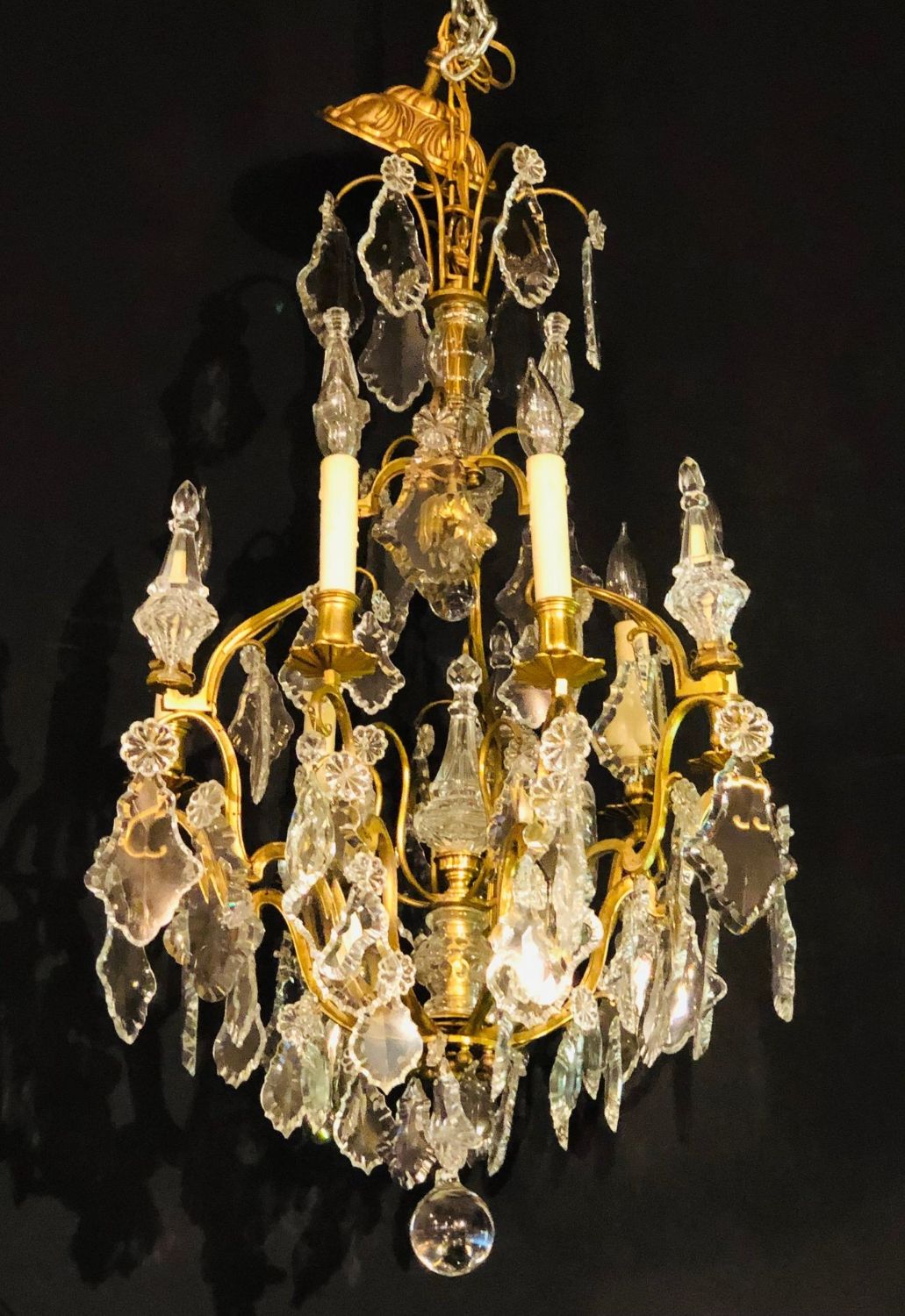 French Bronze and Crystal Gilt Chandelier, Louis XVI Style