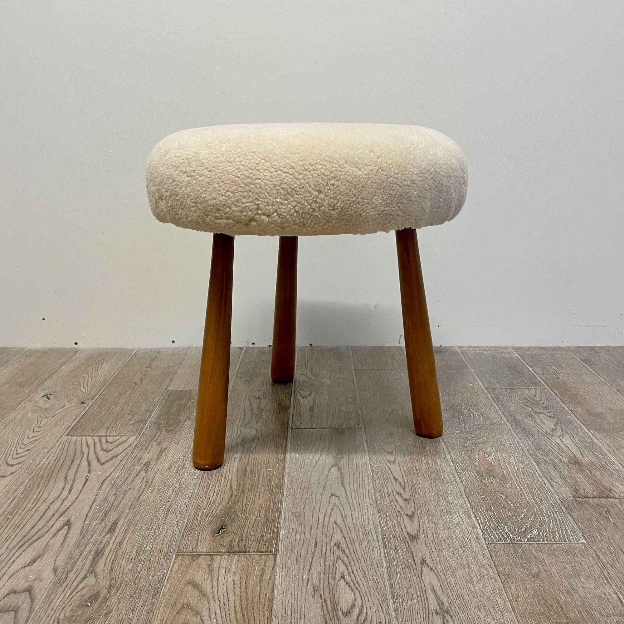 Swedish Modern Style, Beige Sheepskin, Stained Wood, Ottoman or Footstool