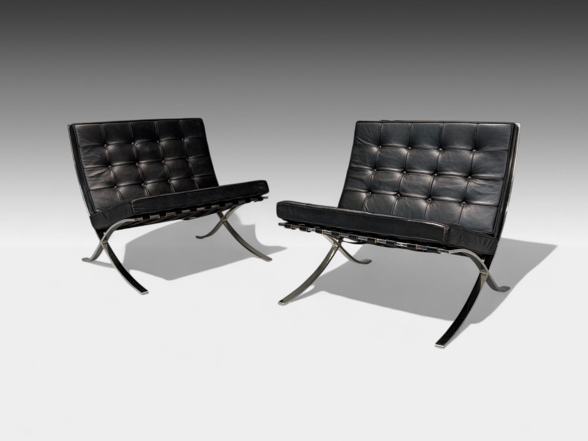 Mies van der Rohe, Black Leather, Chrome, Early Barcelona Chairs, USA, 1960s