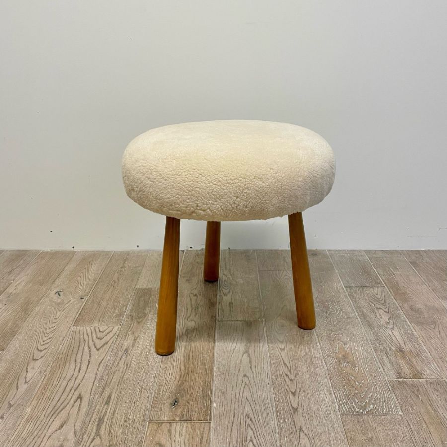 Contemporary Swedish Modern Style Sheepskin Footstool / Ottoman, Beige