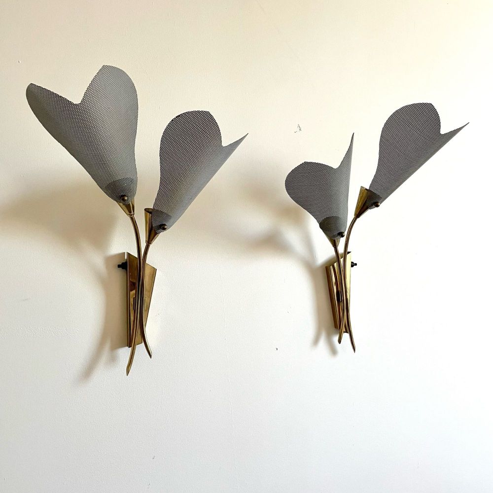 Pair of Italian Mid-Century Modern Sculptural Flower Sconces, Brass, 1940s
