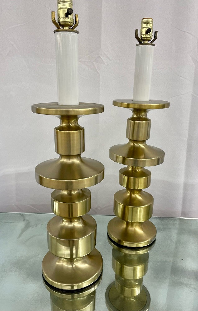 Pair of Hollywood Regency Solid Brass Table / Desk Lamps, Candlestick, Modern