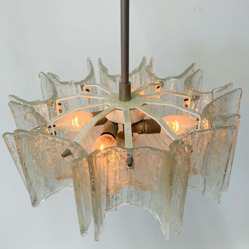 Small Swedish Mid-Century Modern Chandelier / Pendant, Slumped Glass and Brass