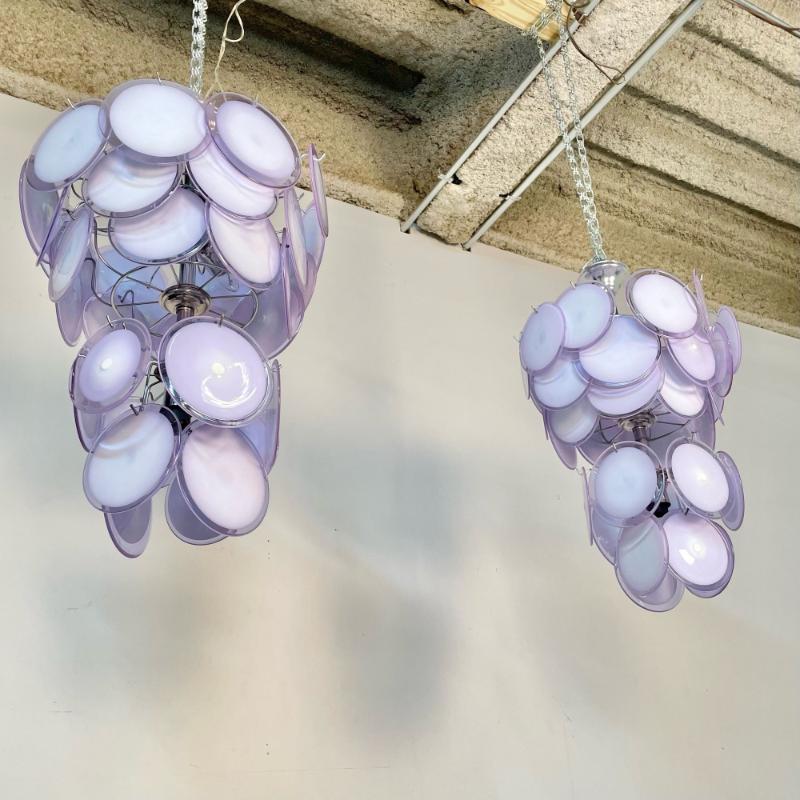 Pair of Mid-Century Modern Style Purple Murano Glass Disk Chandeliers