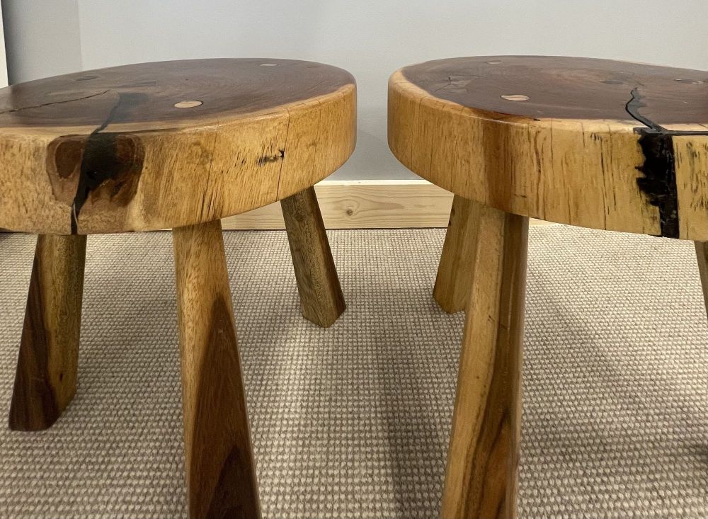 Pair Mid-Century Modern Nakashima Style Organic Wooden Two Stools / Side Tables