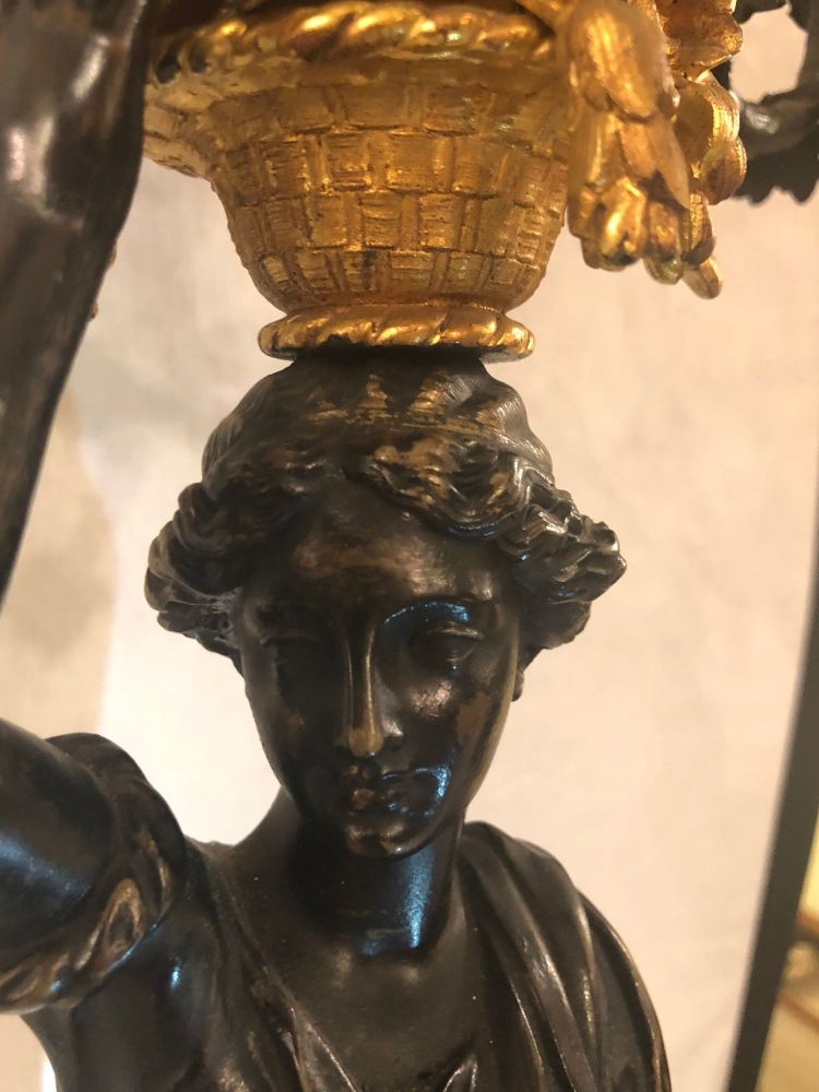Pair of Neoclassical Style Bronze Six-Arm Figural Candelabra