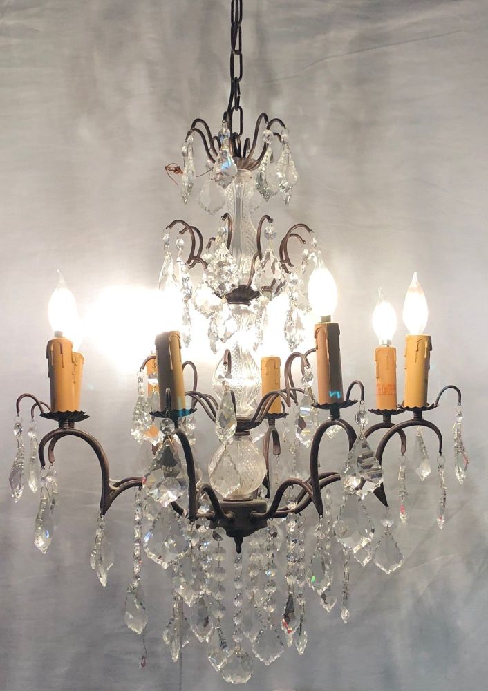 Copper Designed Metal and Crystal Chandelier with Centre Cut Glass Column