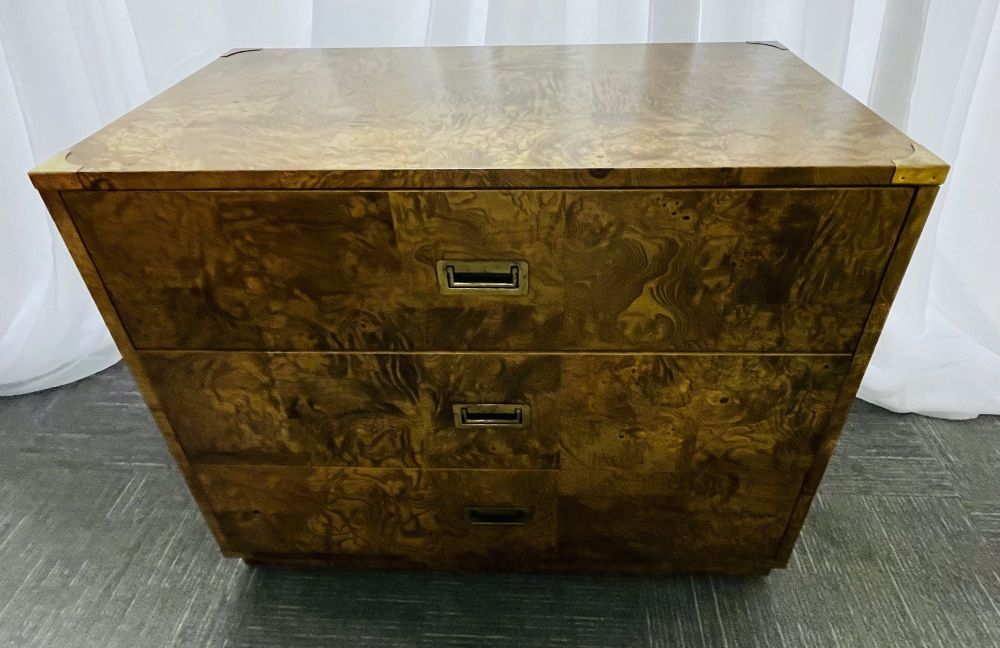 A Burlwood Campaign Chest, Nightstand or End Table.