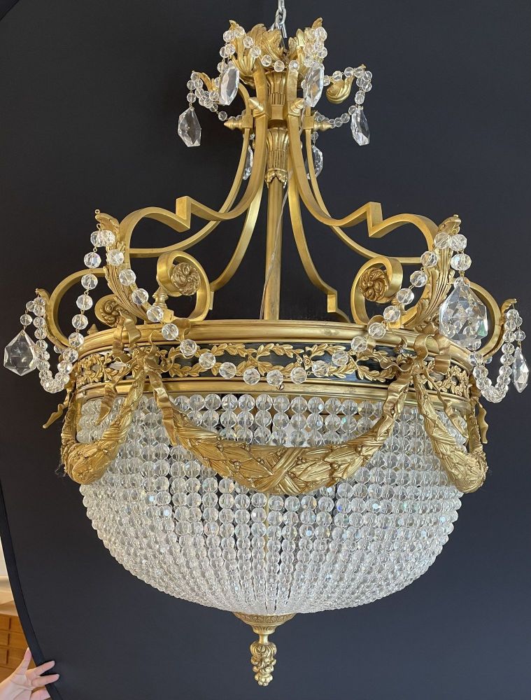 A Pair of Gilt Bronze Louis XVI Style Ballroom Chandeliers, Crystal, Rewired