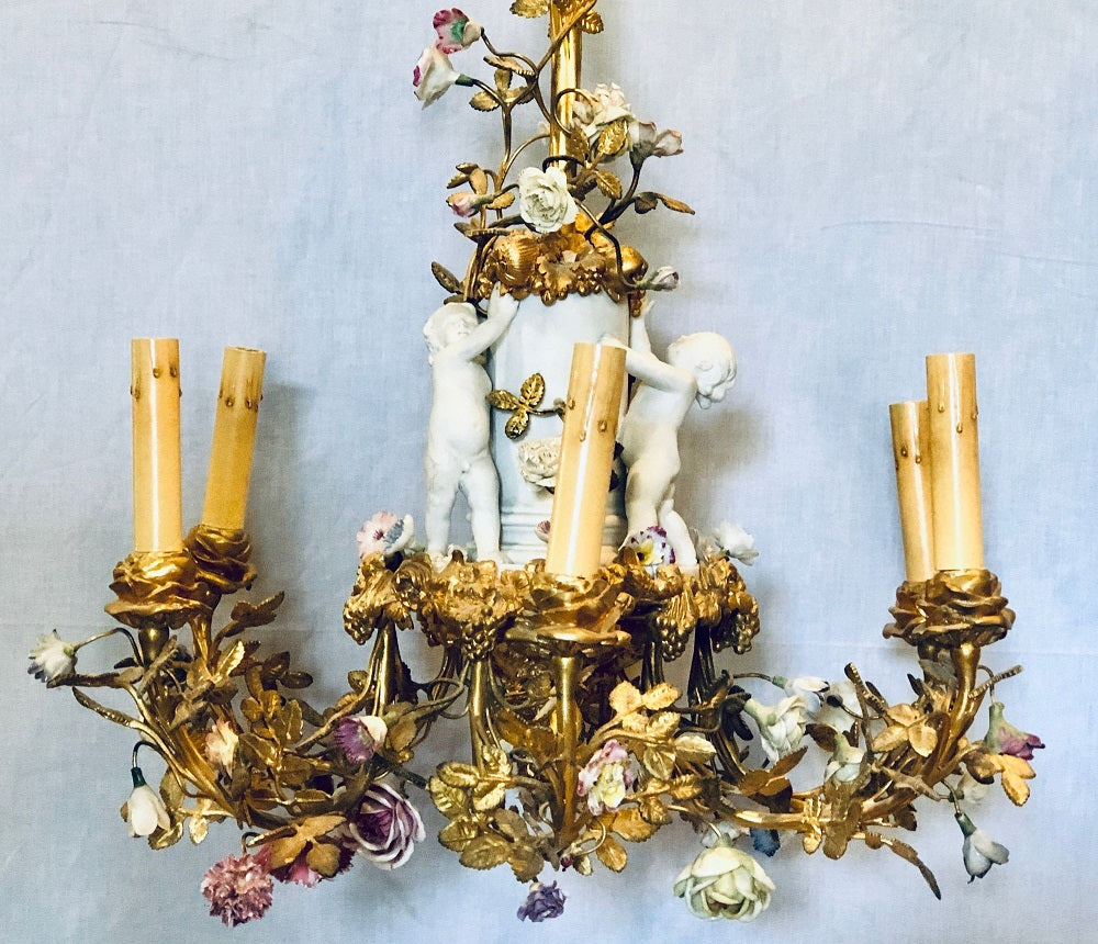 19th Century Louis XVI Gilt Bronze Meissen and Sevres Parian Chandelier