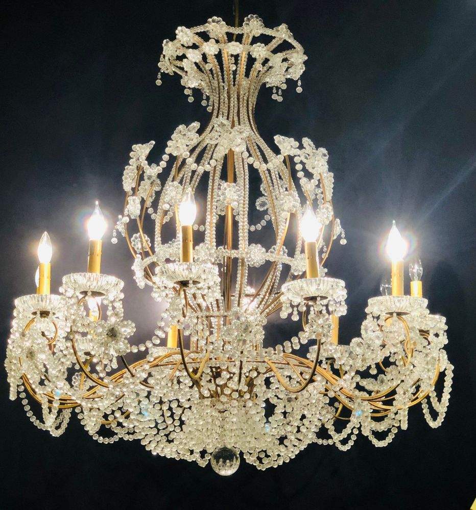 Beautiful Gilt Iron 12-Light Chandelier with Great Crystal and Bead Decoration