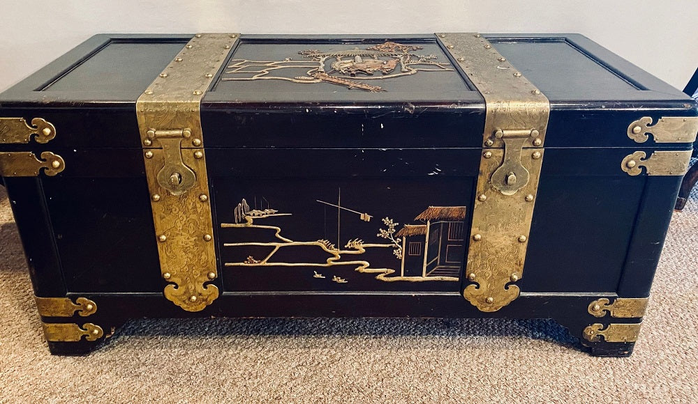 1920s Asian Dowry, Blanket or Storage Chest, Bronze Decorated J. L. George