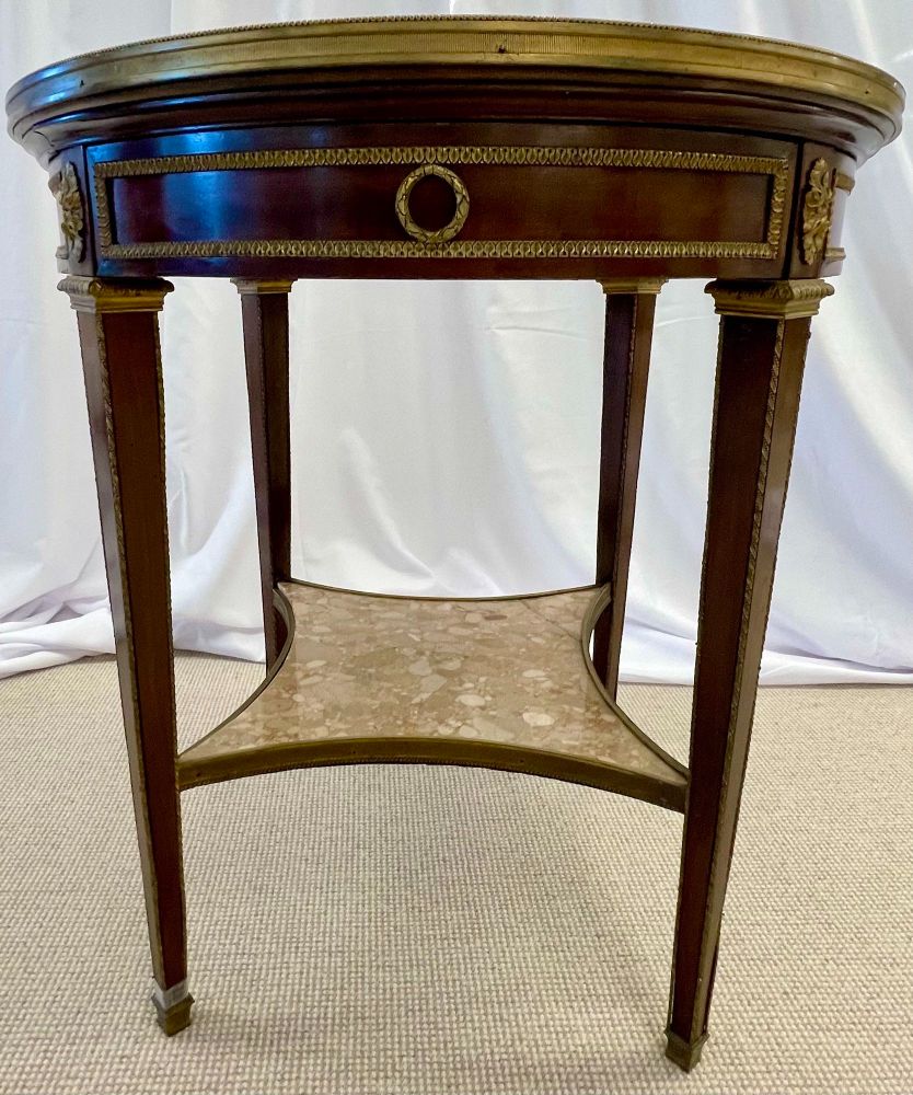 French Mahogany Louis XVI Style Marble Top Bouillotte Table, Bronze Mounted
