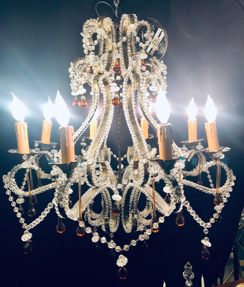 Eight Light Beaded Chandelier with Colored Tear Drop Prisms, circa 1960