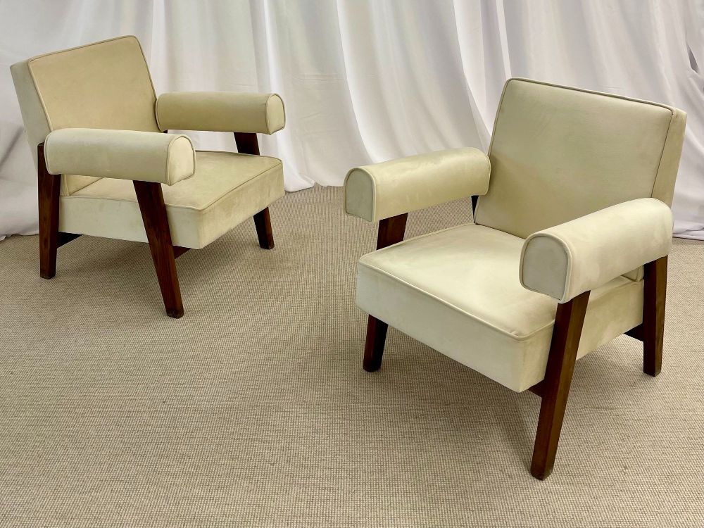 Pierre Jeanneret, French Mid-Century Modern, Bridge Lounge Chairs, Teak, Suede